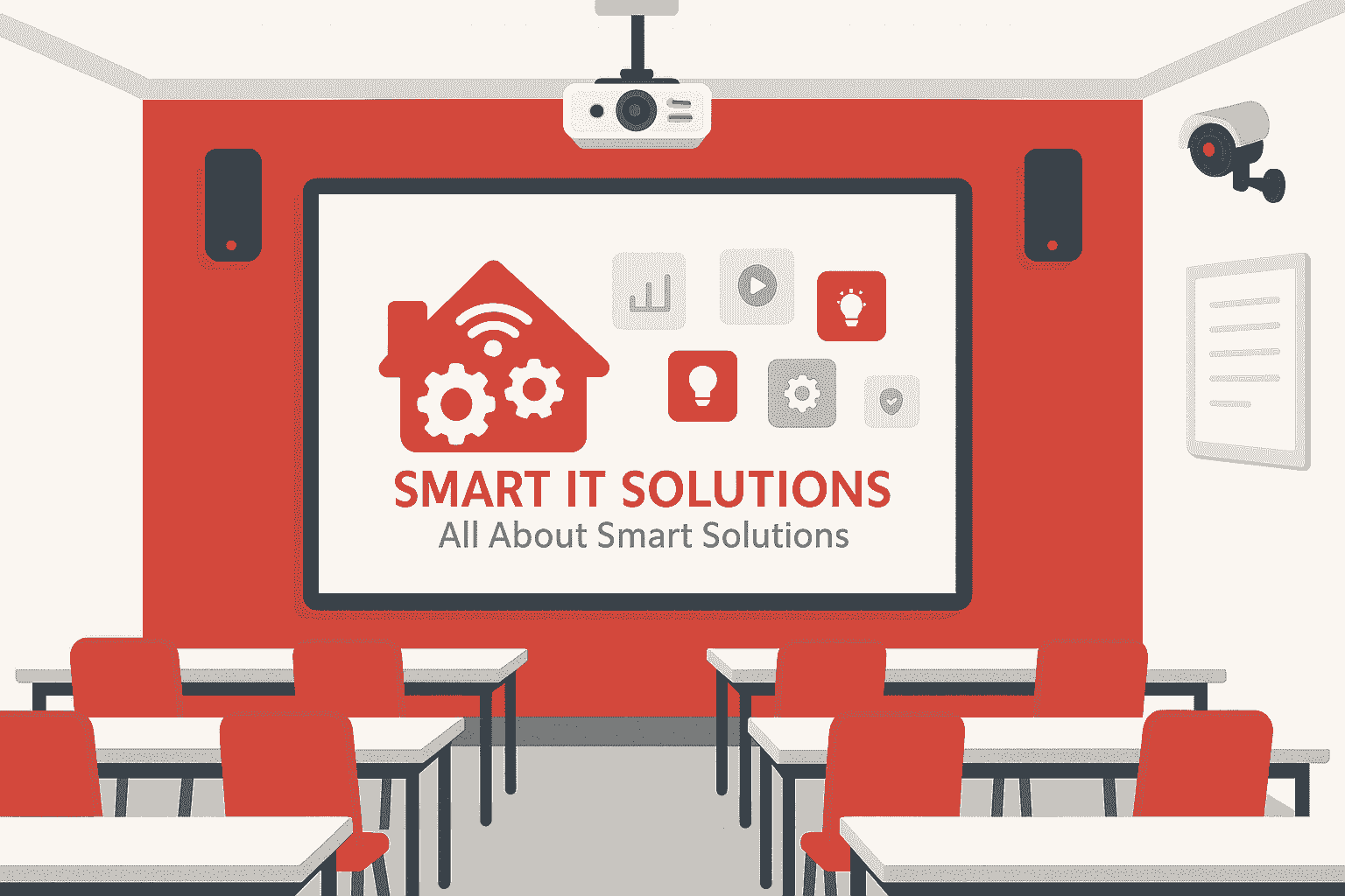 Smart classroom illustration with projector, speakers and camera